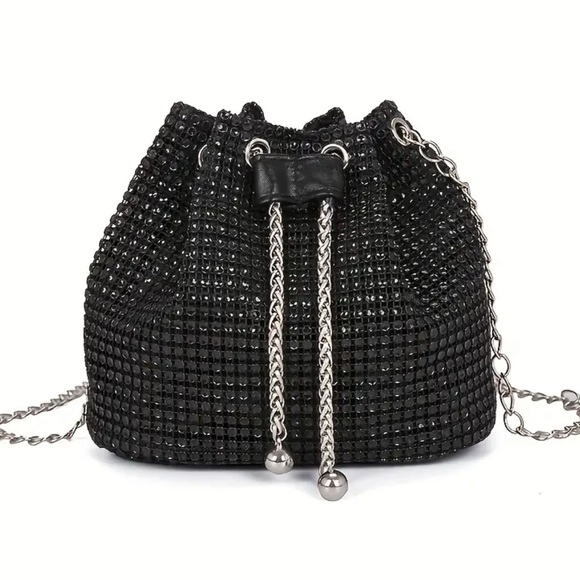 Handbags - Black Rhinestone Drawstring Bag with Silver Chain